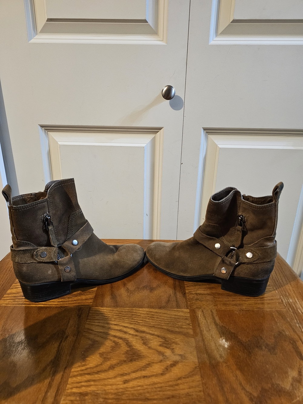 Woman's Marc Fisher Suede Ankle Boots in Dark Brown with Harness Detail Sz 8